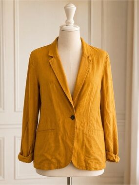 POPSUGAR Mustard Yellow Linen Blend Blazer XL Roll Tab Sleeve